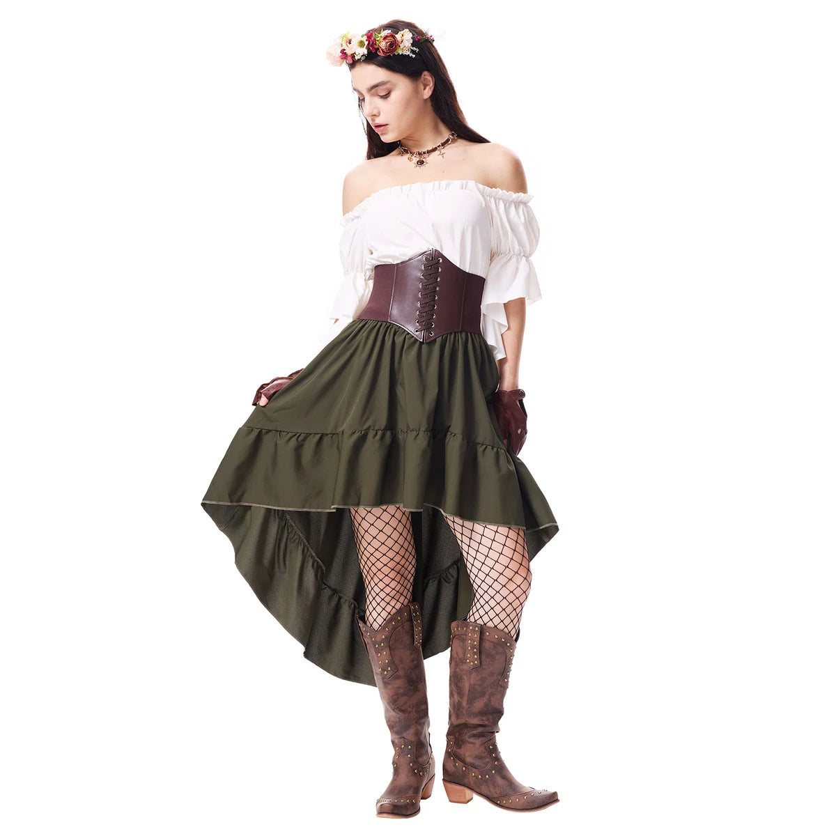 Woman wearing a complete forest witch costume set on a white background