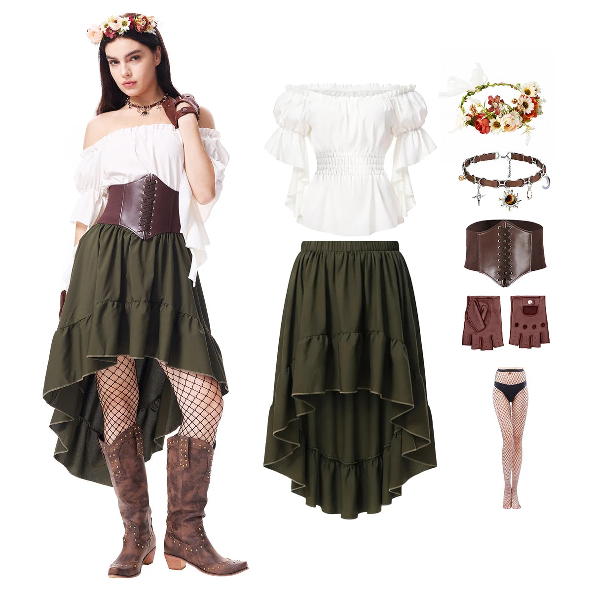 Women's green forest witch costume with floral crown, white blouse, high-low skirt, and brown waist cincher
