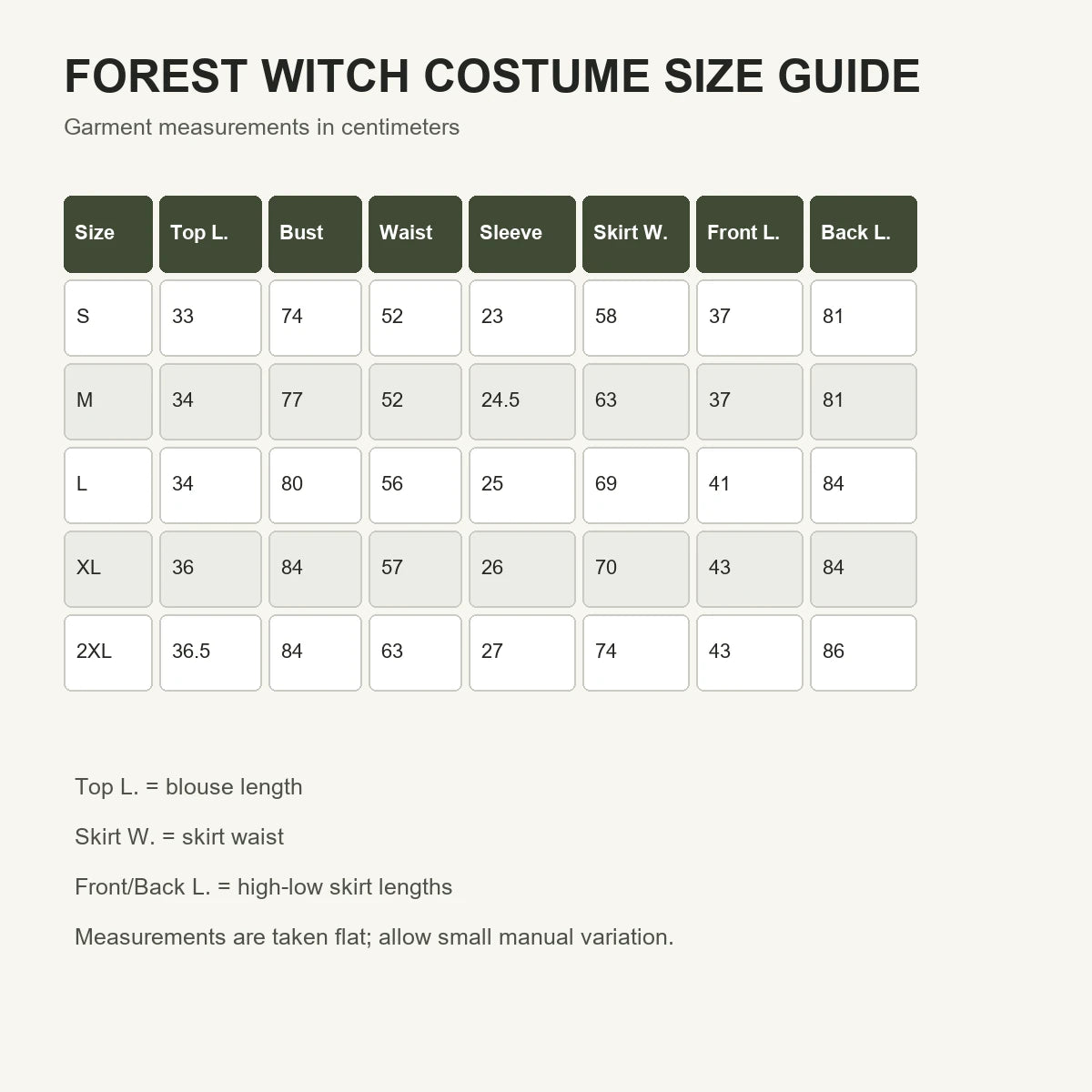 Forest witch costume size guide with garment measurements for women's sizes S through 2XL