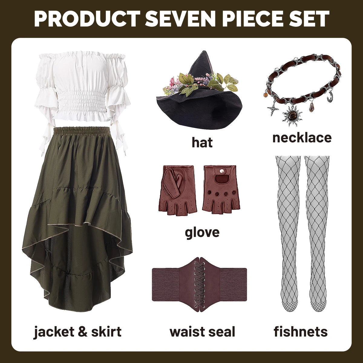 Witch hat costume set with white blouse, green high-low skirt, waist cincher, gloves, necklace, and fishnet tights
