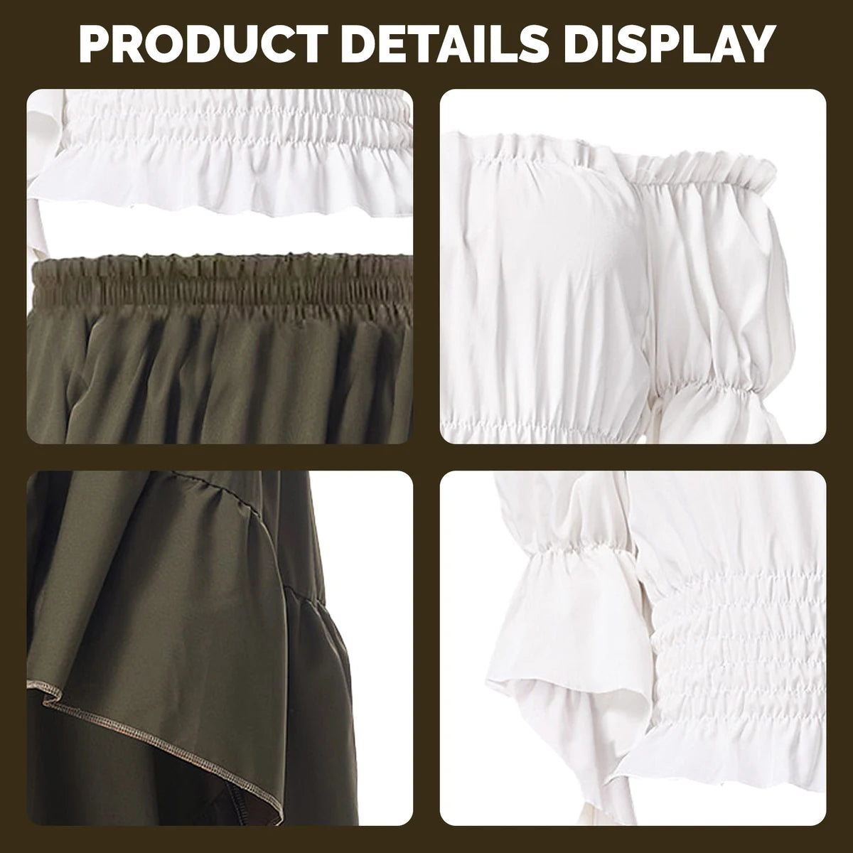 Close-up details of the witch costume's white blouse and olive green high-low skirt