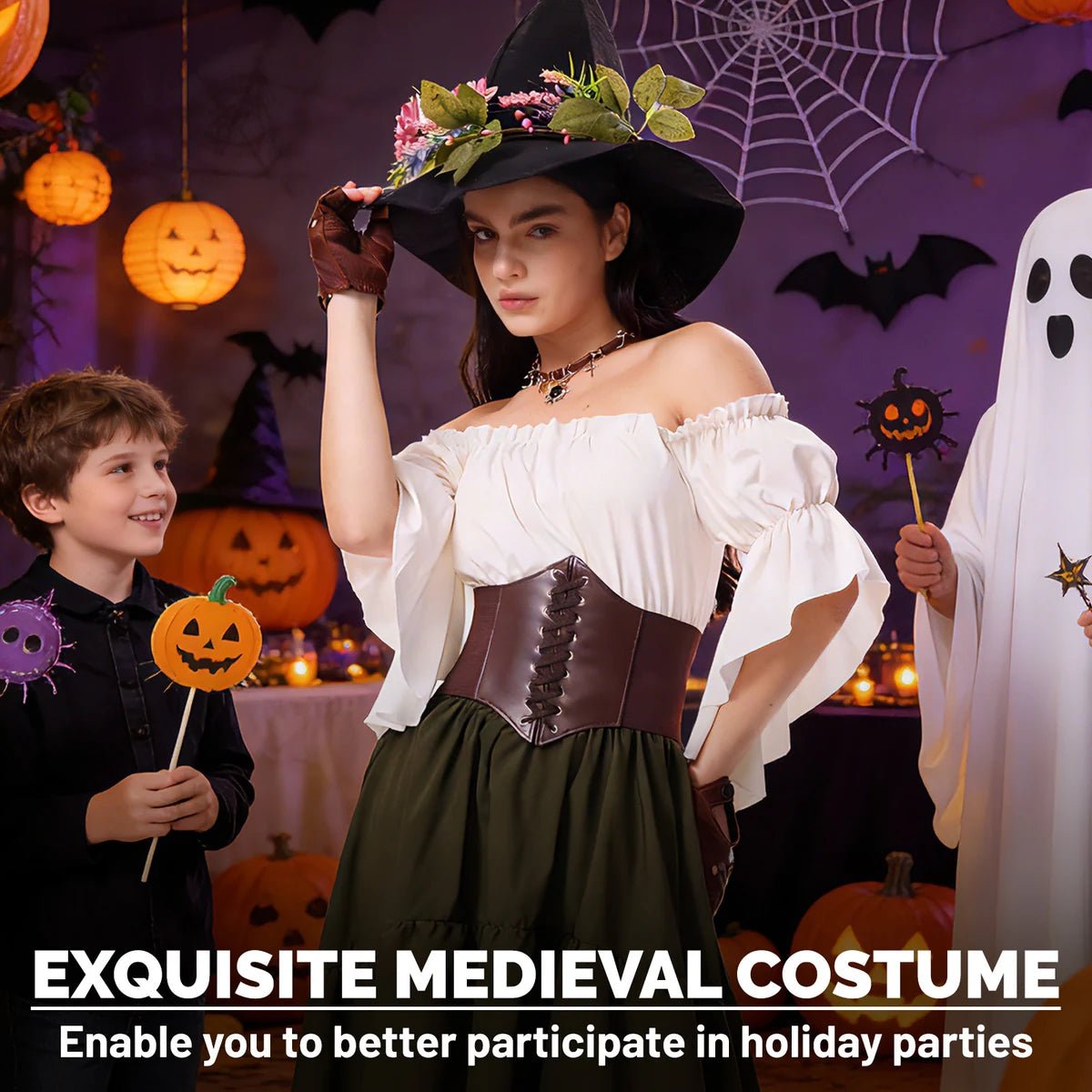 Witch hat forest costume shown with white blouse, olive green high-low skirt, and coordinated accessories