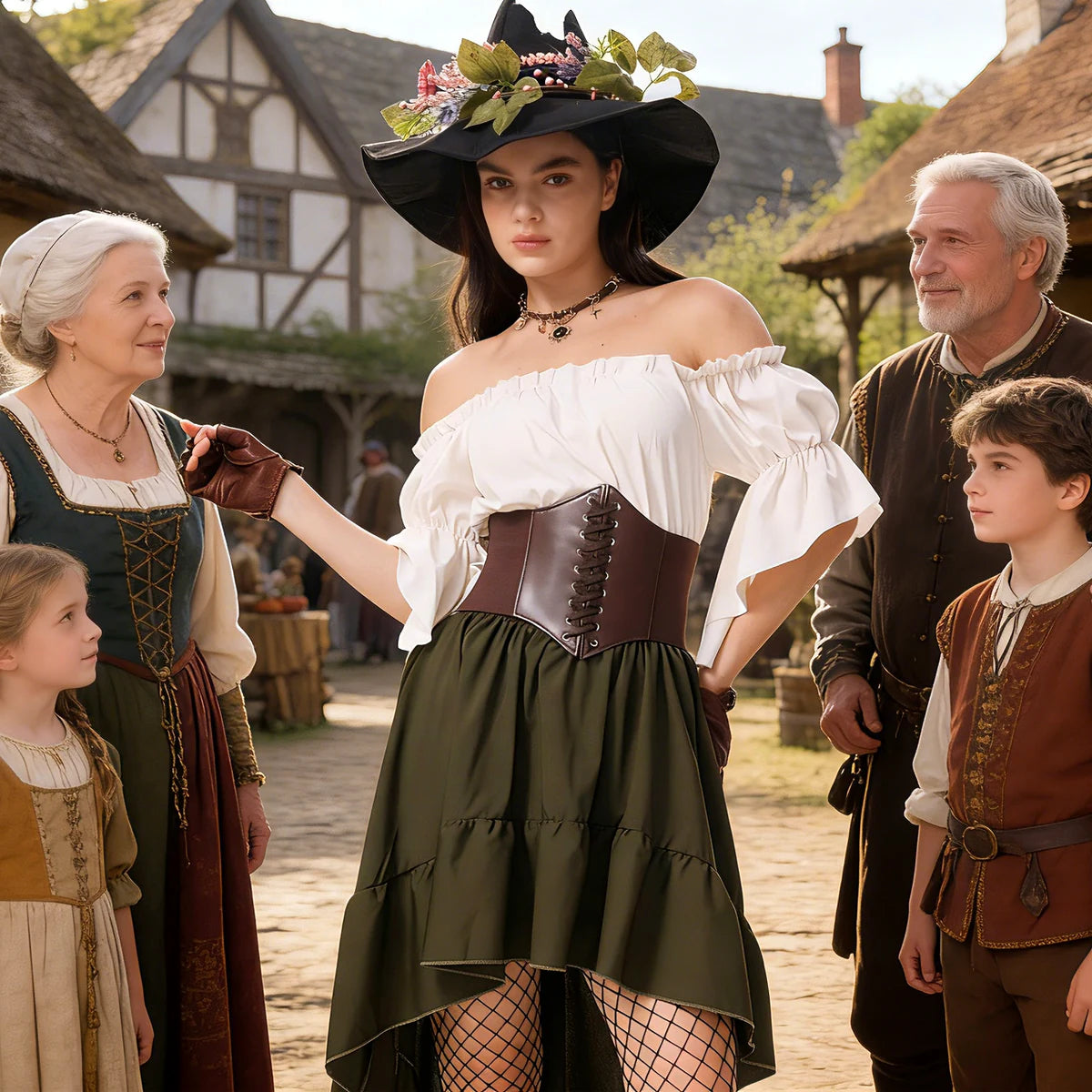 Woman wearing an olive green witch hat costume in a medieval village setting
