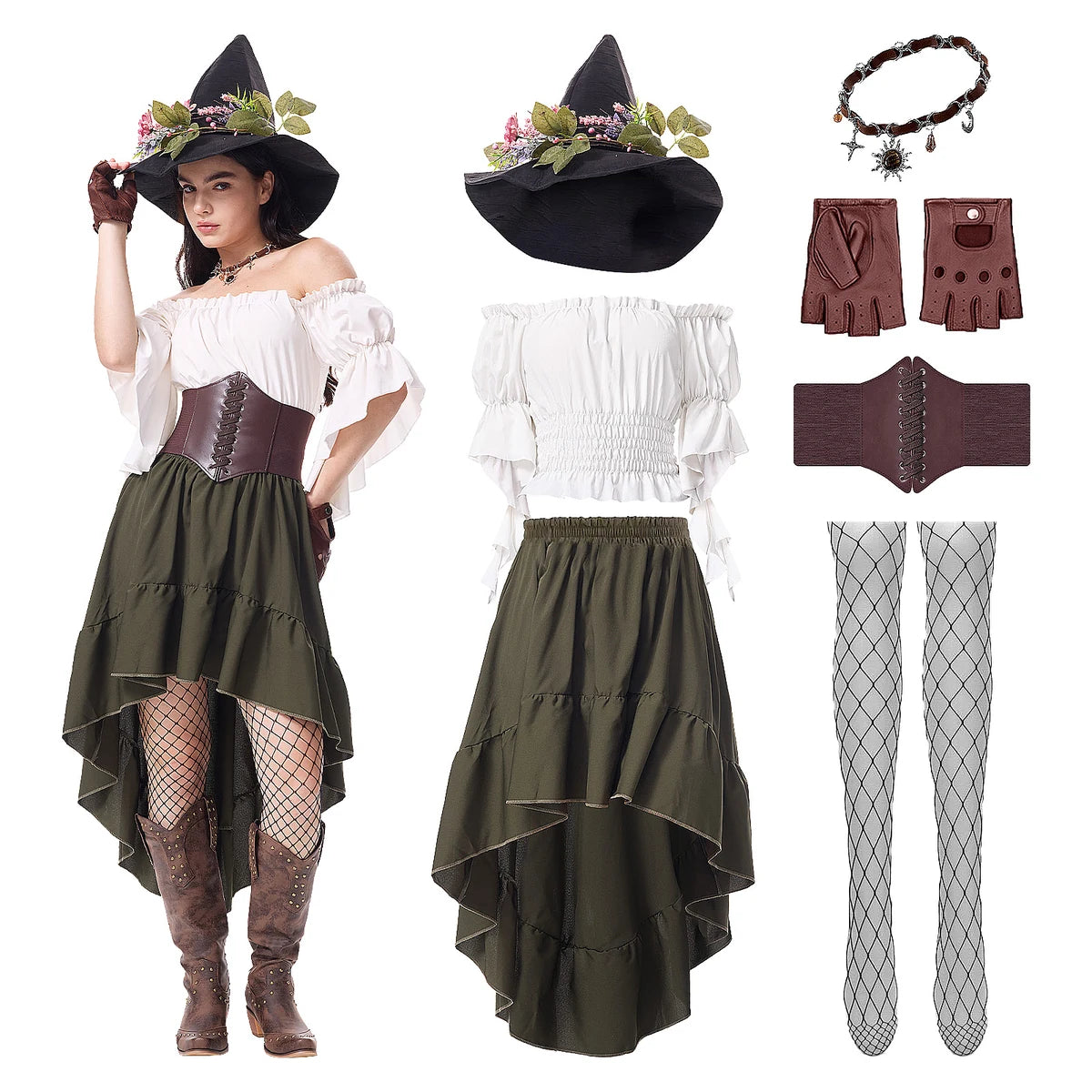 Women's green forest witch costume with flower-decorated black witch hat and brown waist cincher