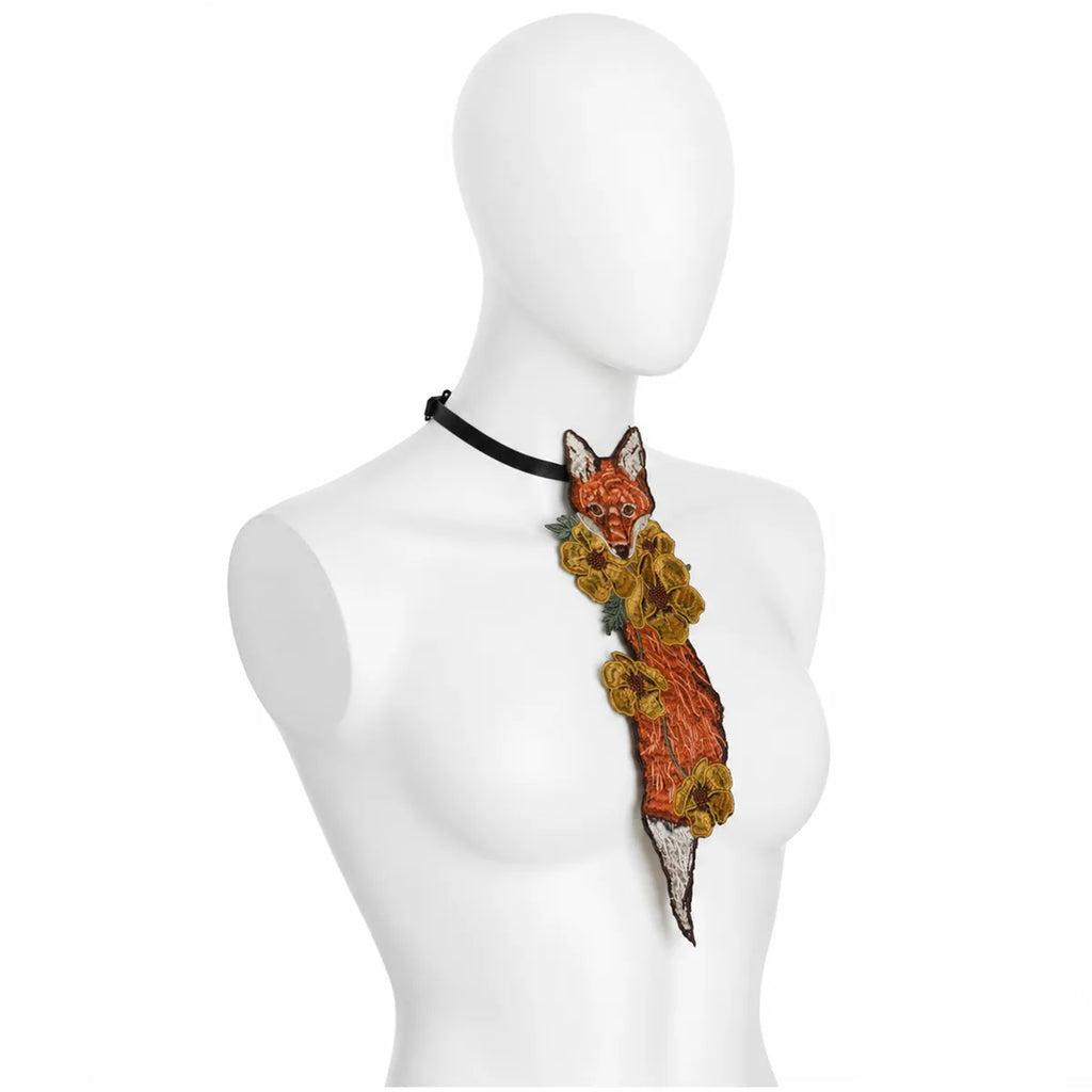 Back view of the fox floral embroidered necktie, showing the rear shape and visible construction.