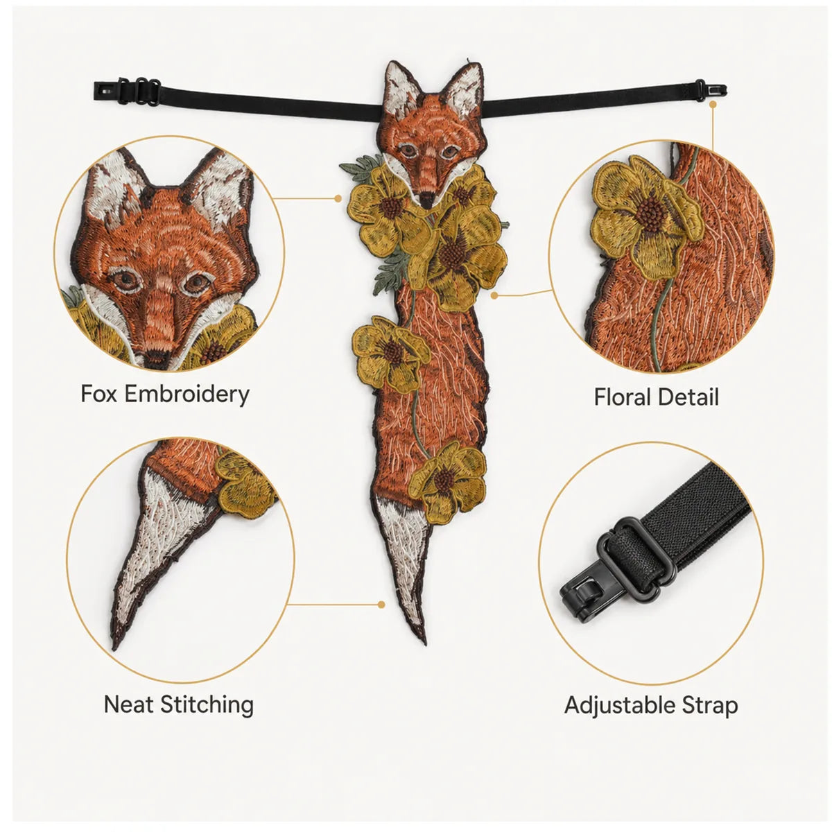 Close-up details of the fox floral embroidered necktie, showing visible texture, color, and construction.