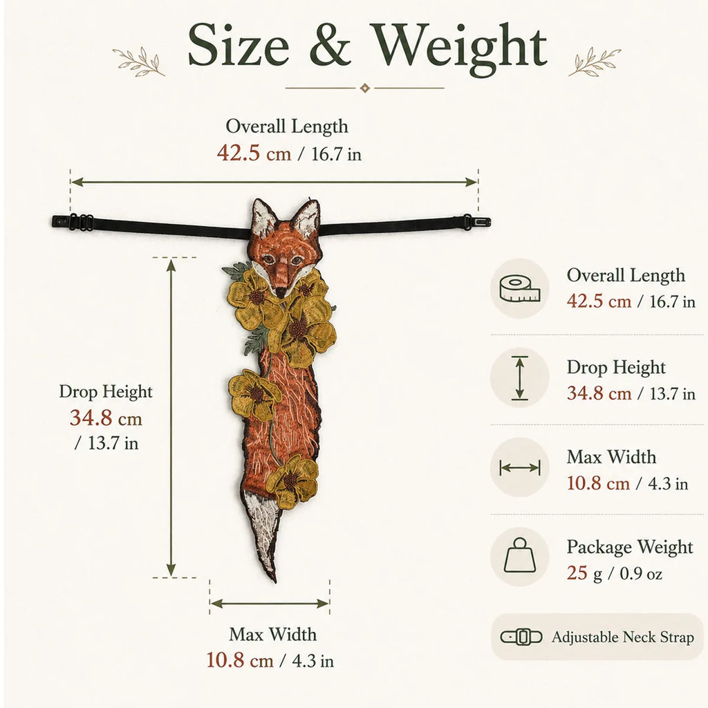 Dimension chart for the fox floral embroidered necktie, showing the listed product measurements and scale.