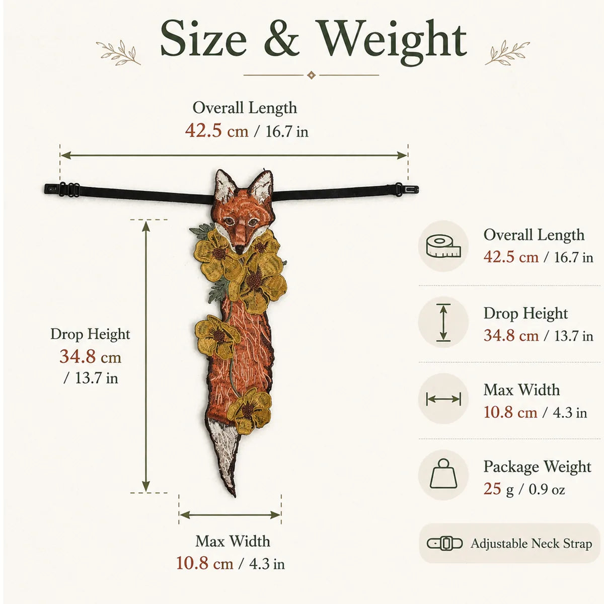 Dimension chart for the fox floral embroidered necktie, showing the listed product measurements and scale.