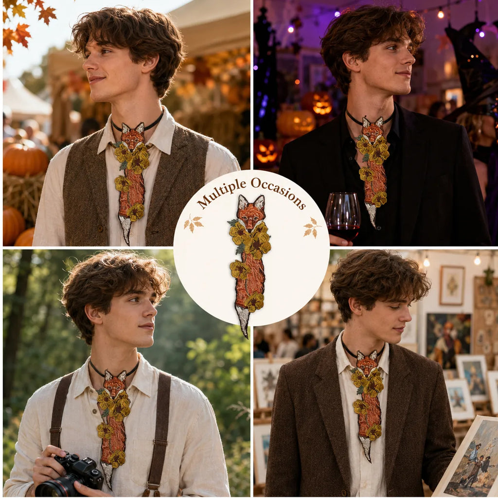 The fox floral embroidered necktie shown across several styled Halloween and event display scenes.