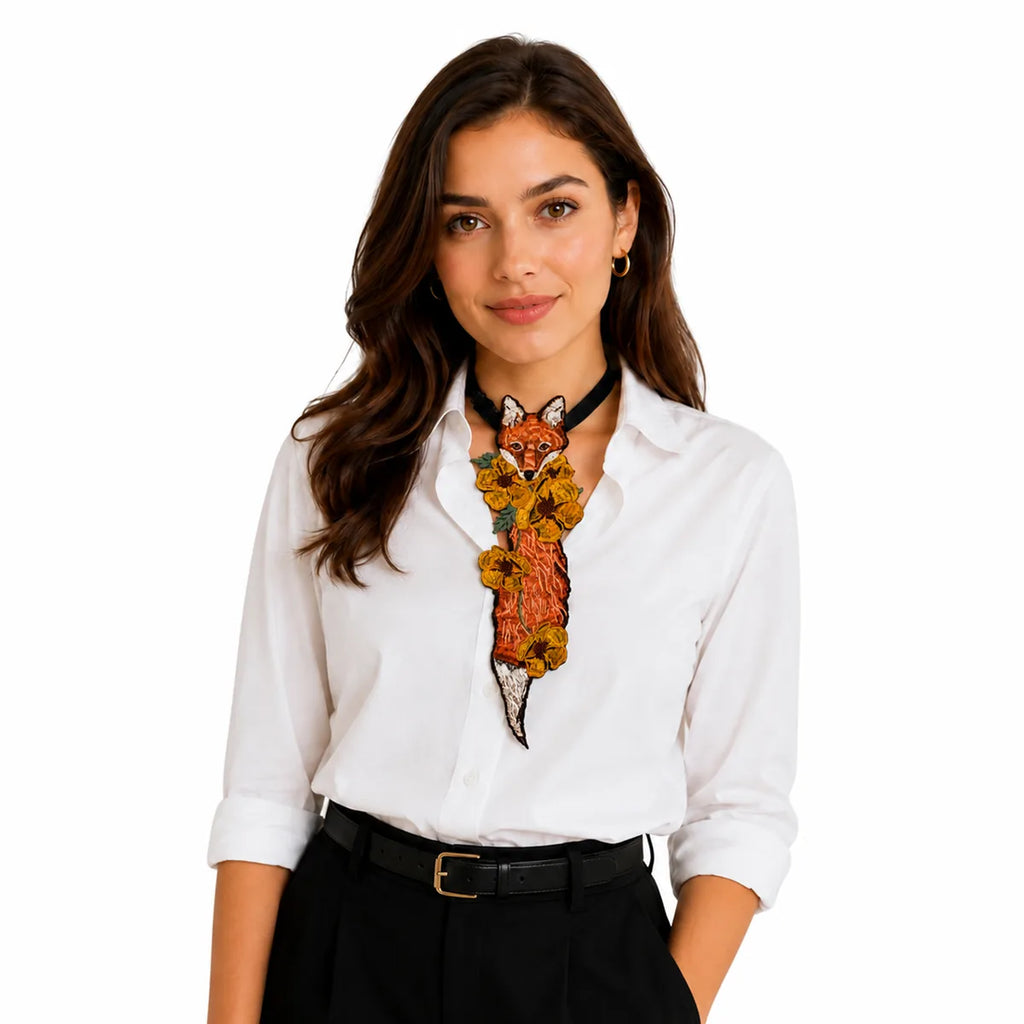 Front view of the fox floral embroidered necktie, showing its overall shape and visible design.