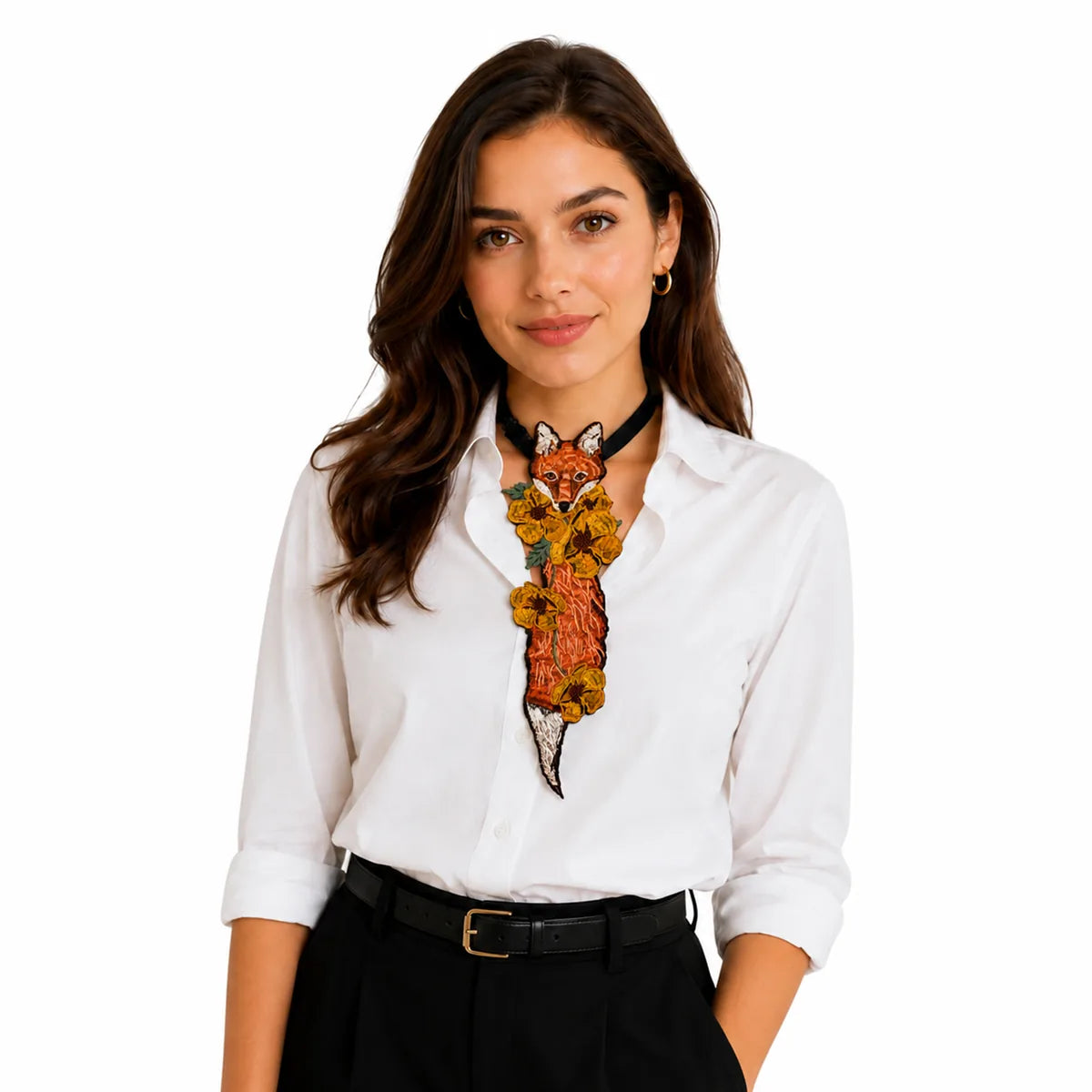 Front view of the fox floral embroidered necktie, showing its overall shape and visible design.