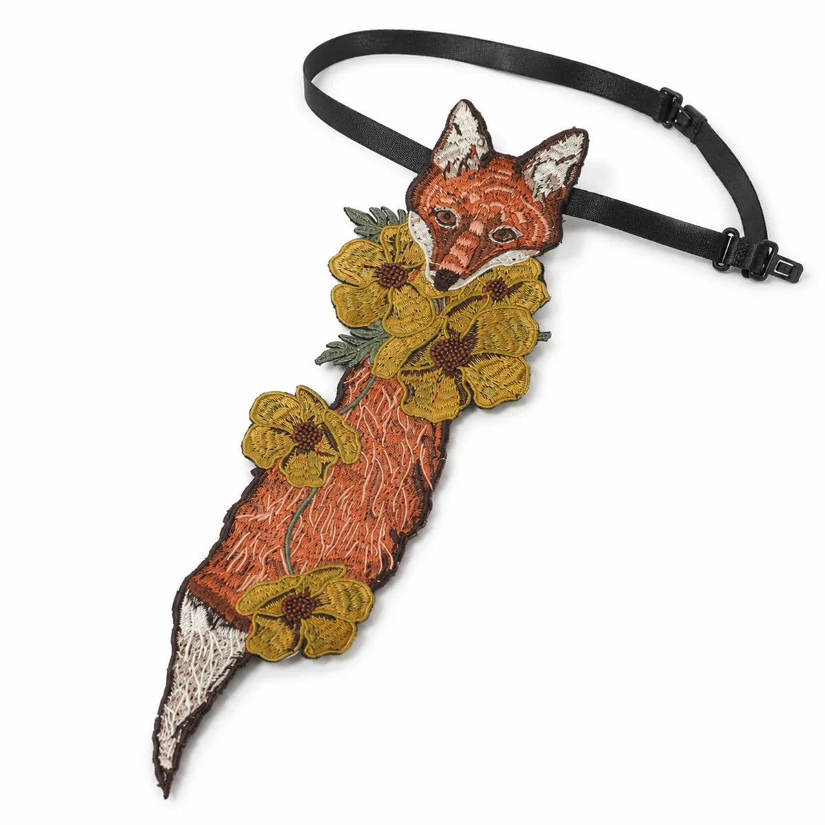 Side view of the fox floral embroidered necktie, showing its profile and visible construction details.