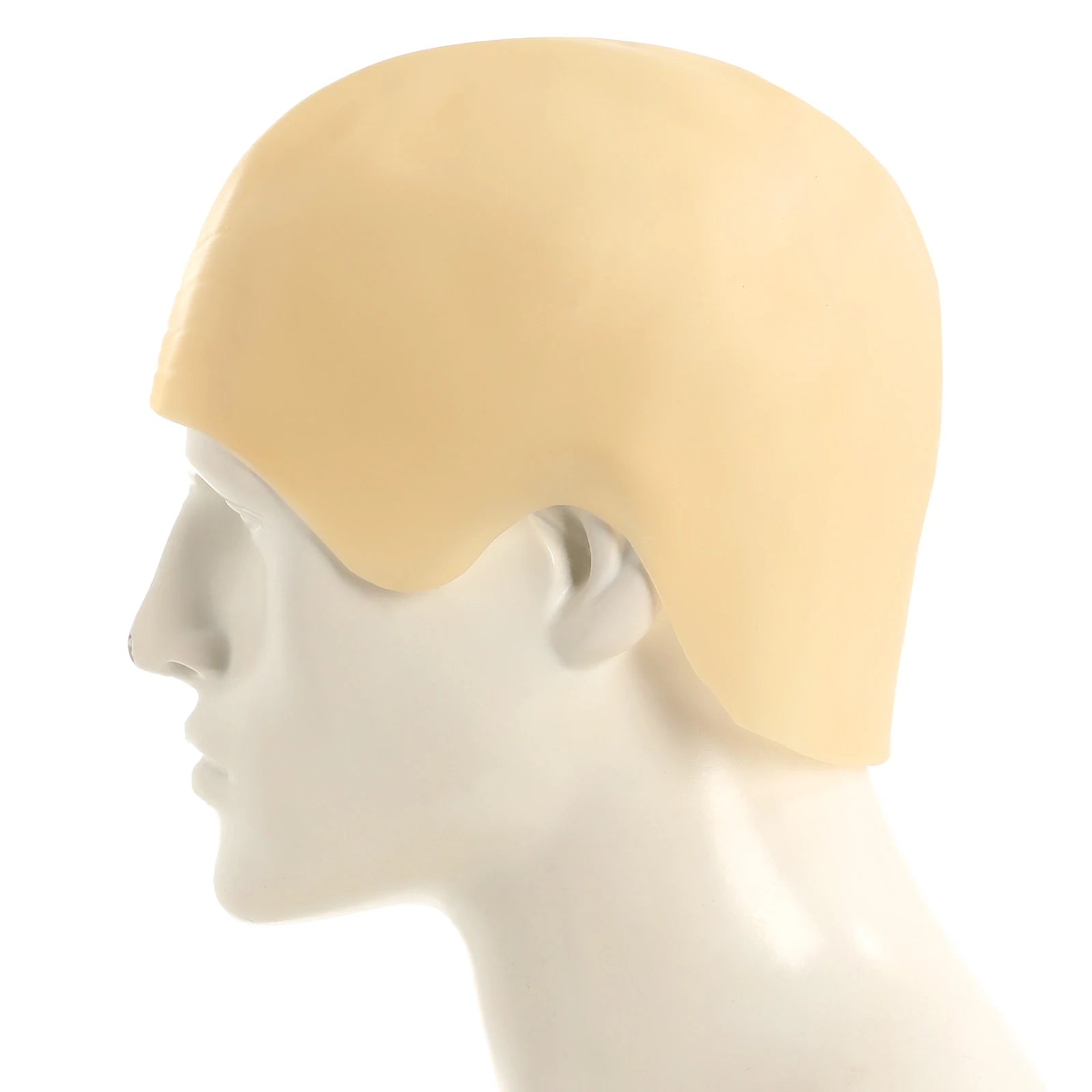 Front and side views show the adult bald head cap, highlighting the smooth skin-tone surface and close-fitting cap shape.