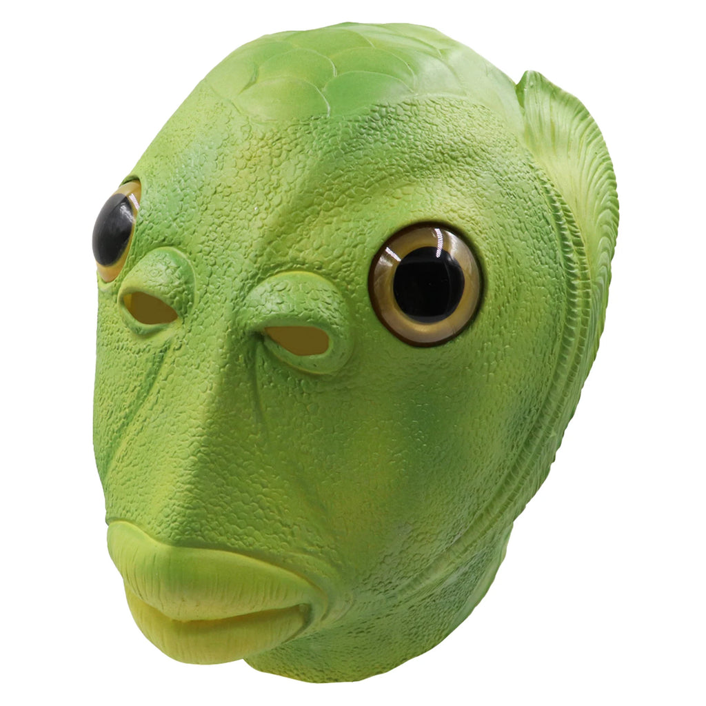 Front and side views show the green full-head fish mask, highlighting the oversized eyes, fish-scale texture and full-head shape.