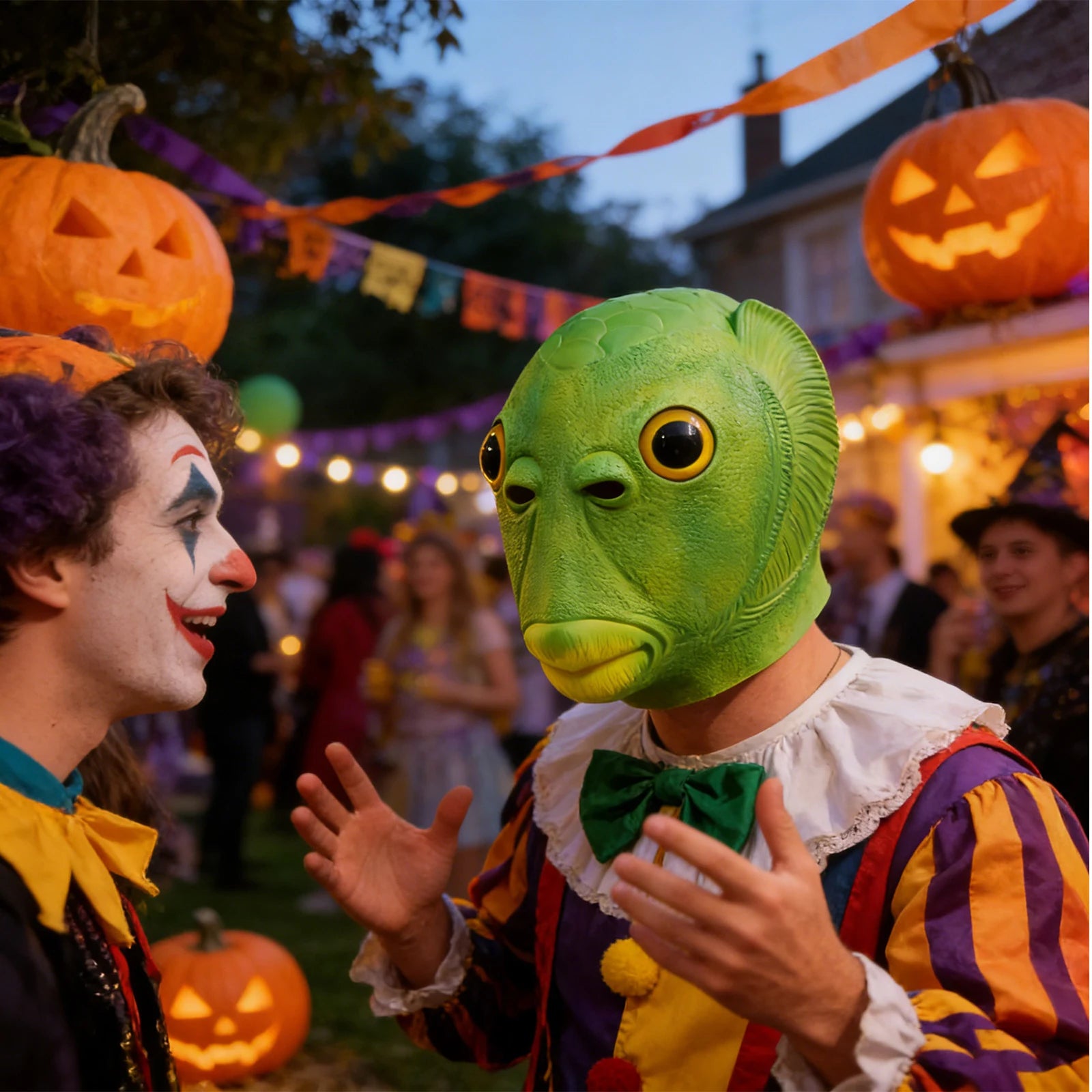 A clear product view presents a funny green fish mask worn with a sea-creature Halloween costume, with the oversized eyes, fish-scale texture and full-head shape clearly visible.