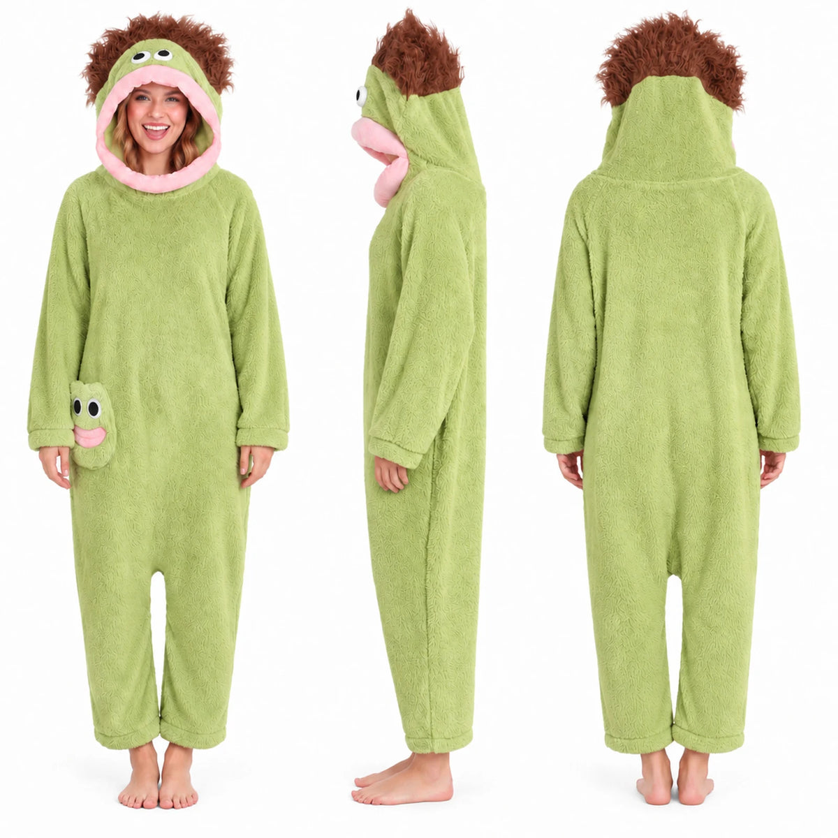 Front, side and back views show the green monster onesie with an open-face hood and uncovered feet.