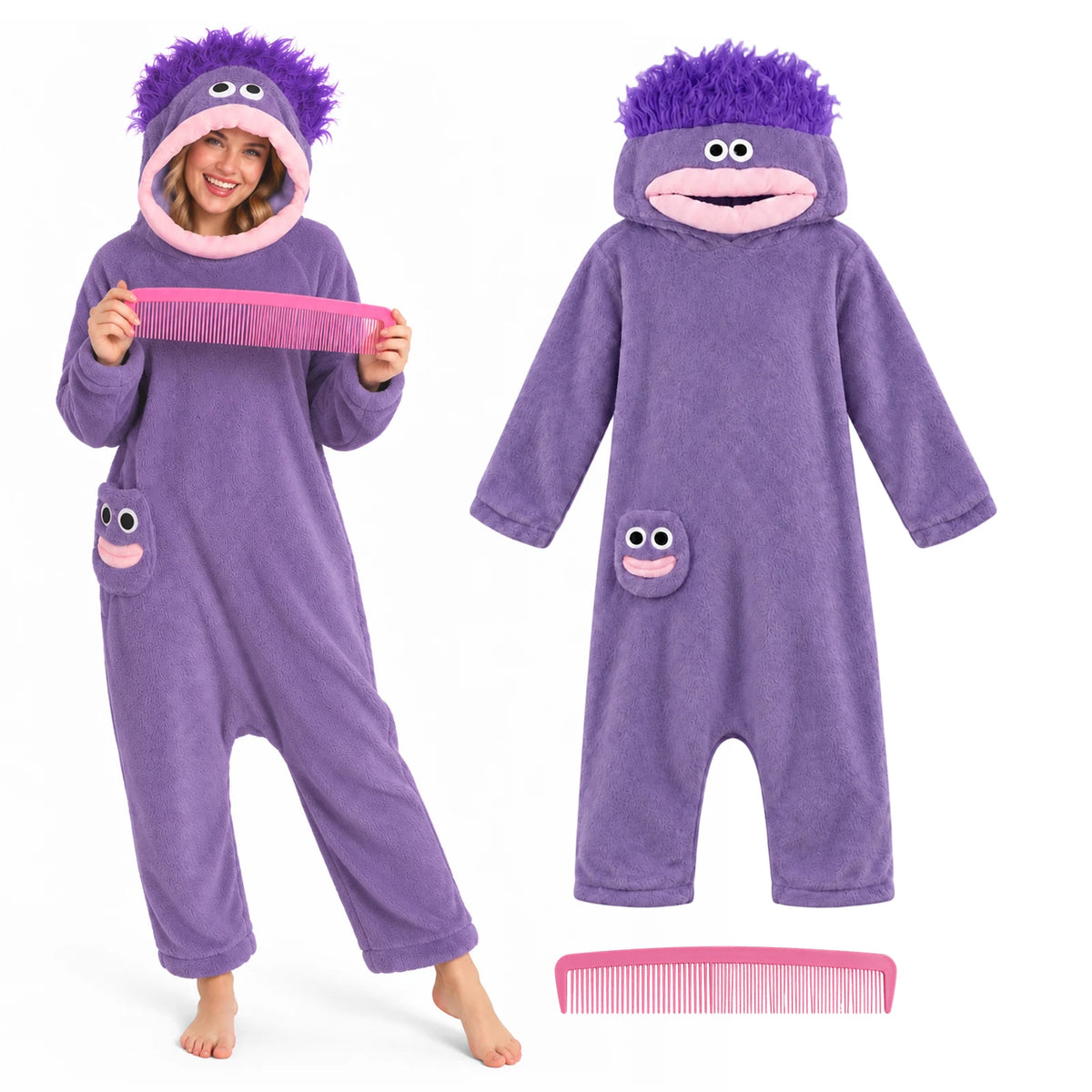 An adult models the purple open-face monster hooded onesie beside the garment and pink comb.