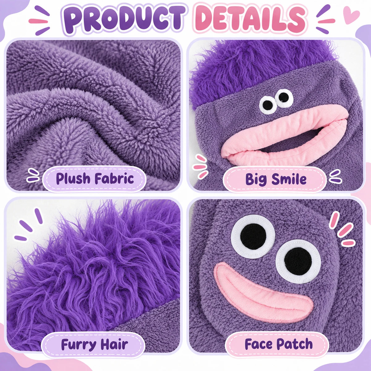 Purple product details label Plush Fabric, Big Smile, Furry Hair and Face Patch in four close-up panels.