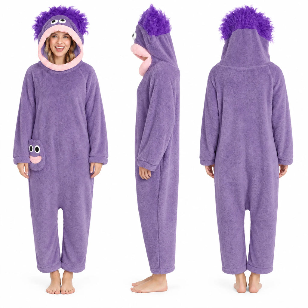 Front, side and back views show the purple monster onesie with an open-face hood and uncovered feet.