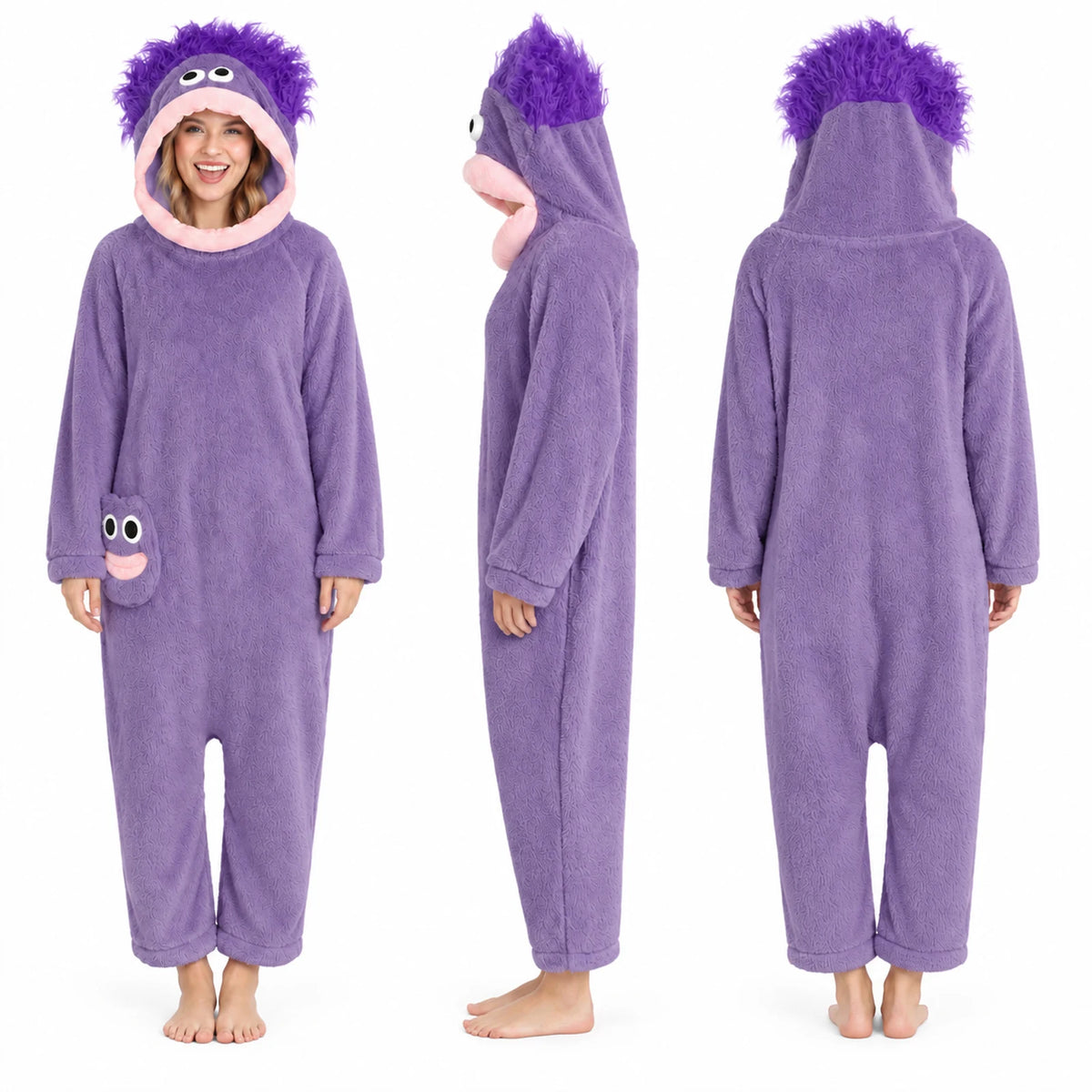 Front, side and back views show the purple monster onesie with an open-face hood and uncovered feet.