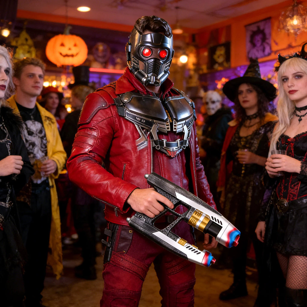 A themed setting presents futuristic costume prop in a science-fiction scene, with the twin barrels, black grip and silver and gold painted details clearly visible.