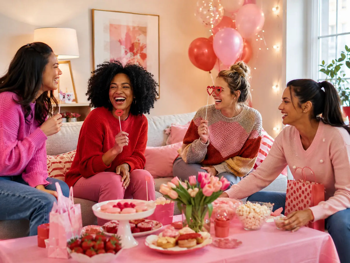 Friends enjoying a Galentine’s party with pink decorations, balloons and photo props