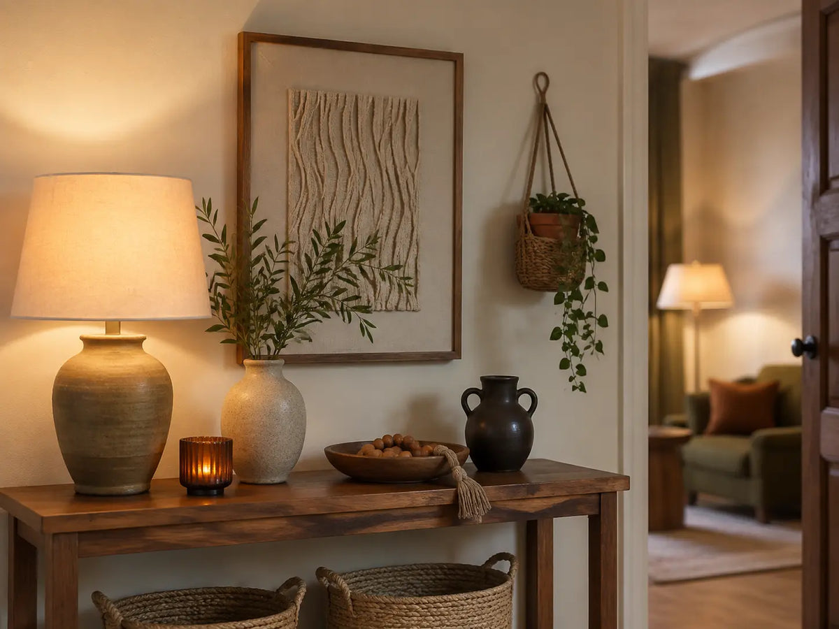 Season-neutral home vignette with lighting, tabletop objects, wall art and a hanging accent