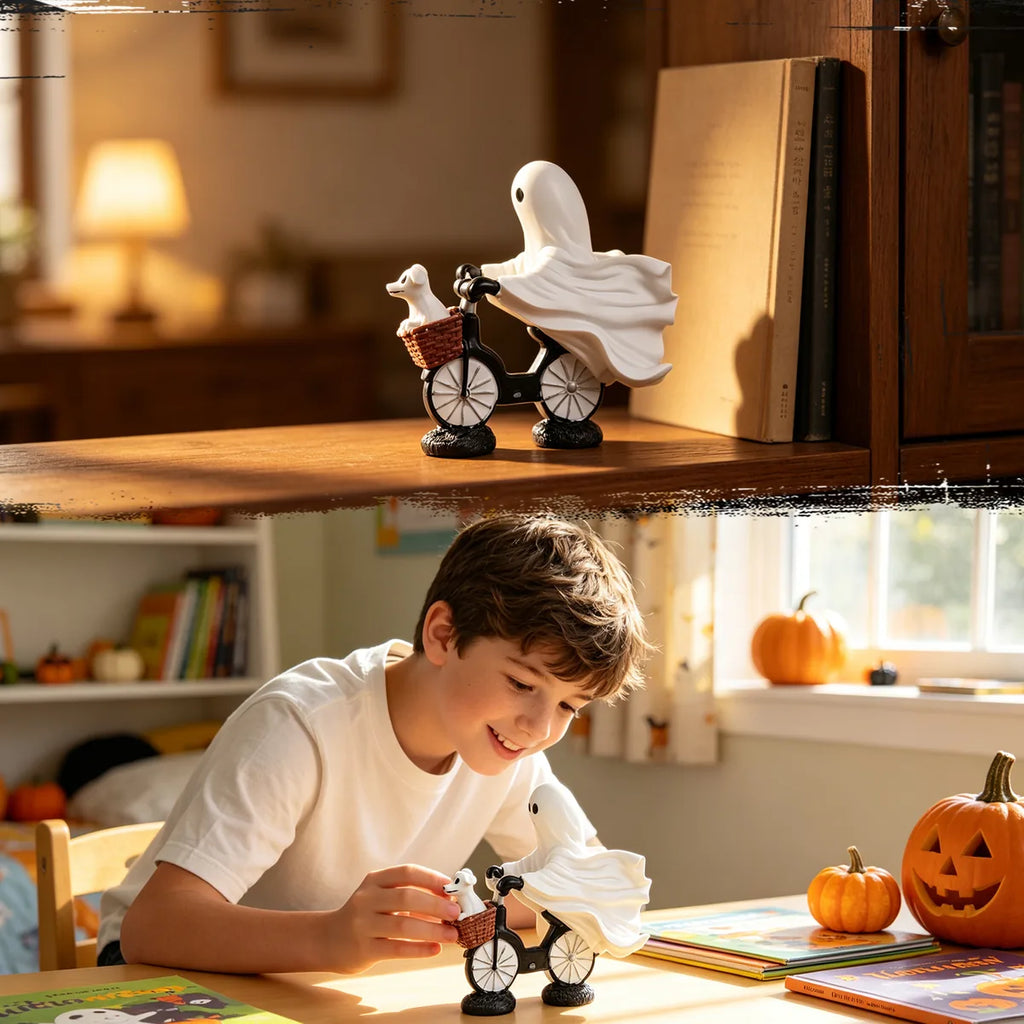 Ghost bicycle dog figurine displayed on a desk near a child drawing.