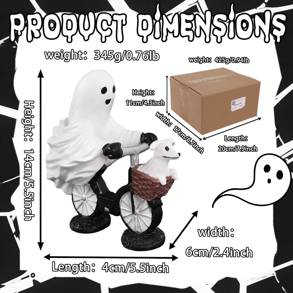 Dimension graphic for the ghost bicycle dog figurine in centimeters and inches.