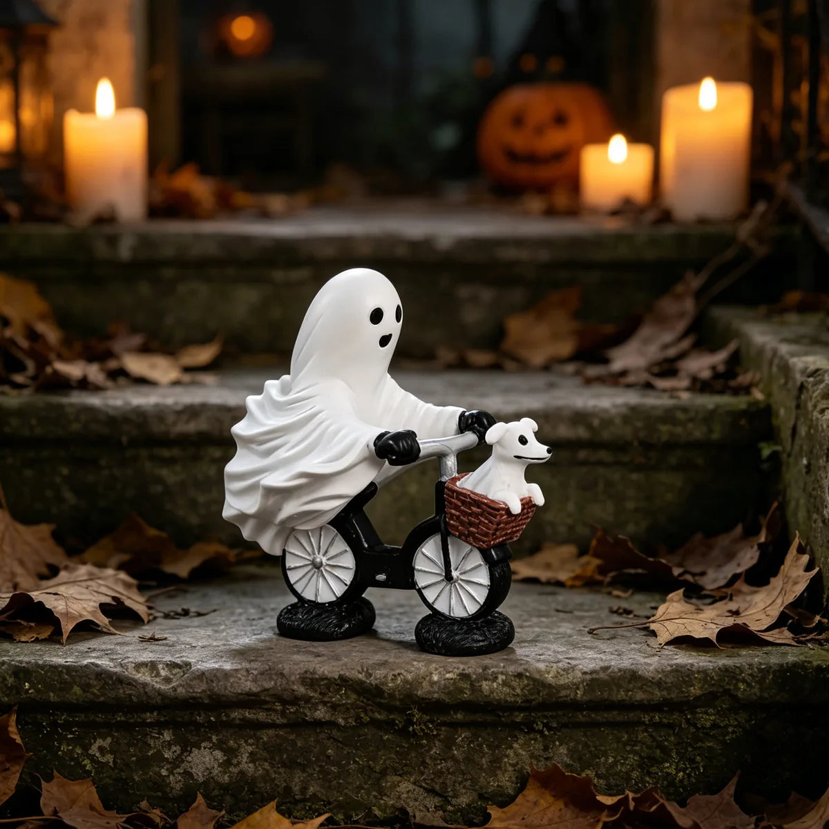 Ghost bicycle dog figurine displayed outdoors with pumpkins and candlelight.