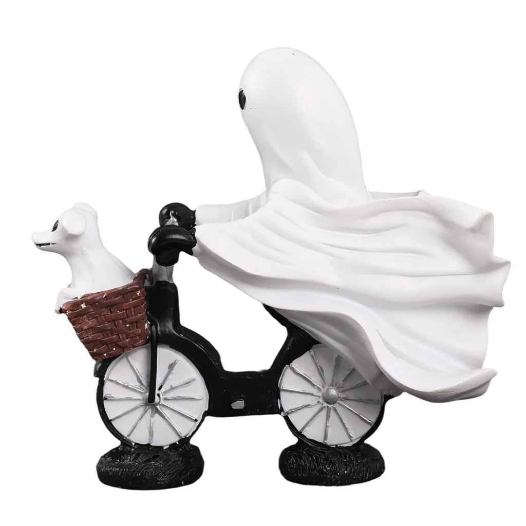 Side view shows the bicycle, basket, dog, and flowing ghost cape.