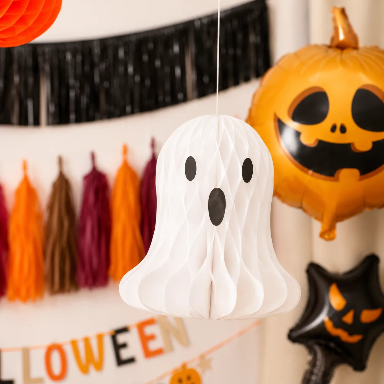 Ghost hanging decoration with pumpkin foil balloon, Happy Halloween banner, tassel garland and pumpkin farm Halloween party backdrop