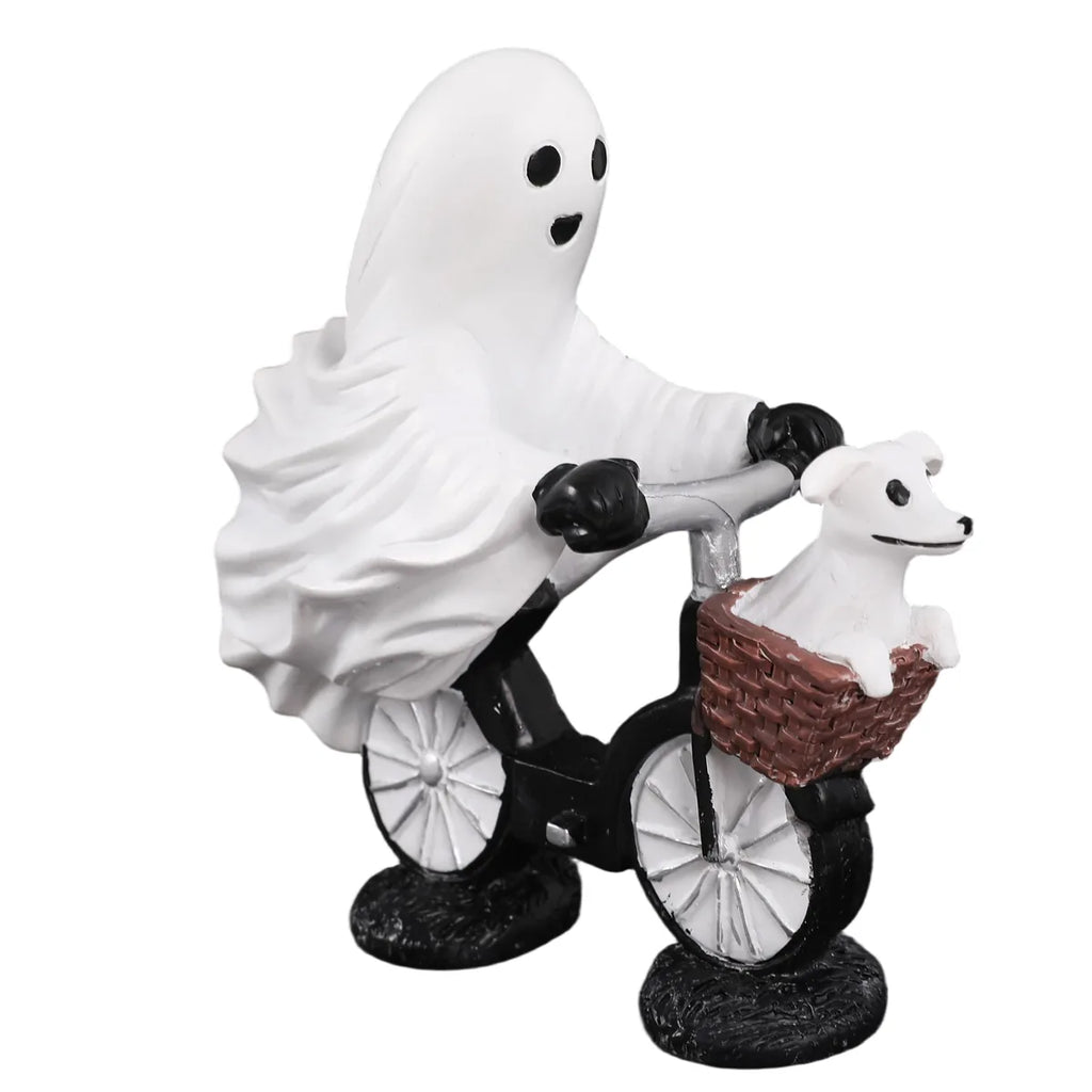 White ghost rides a black bicycle with a dog in the basket.