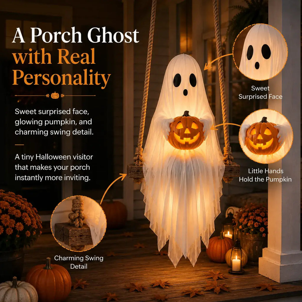 Halloween ghost swing detail with sweet face little hands and glowing pumpkin