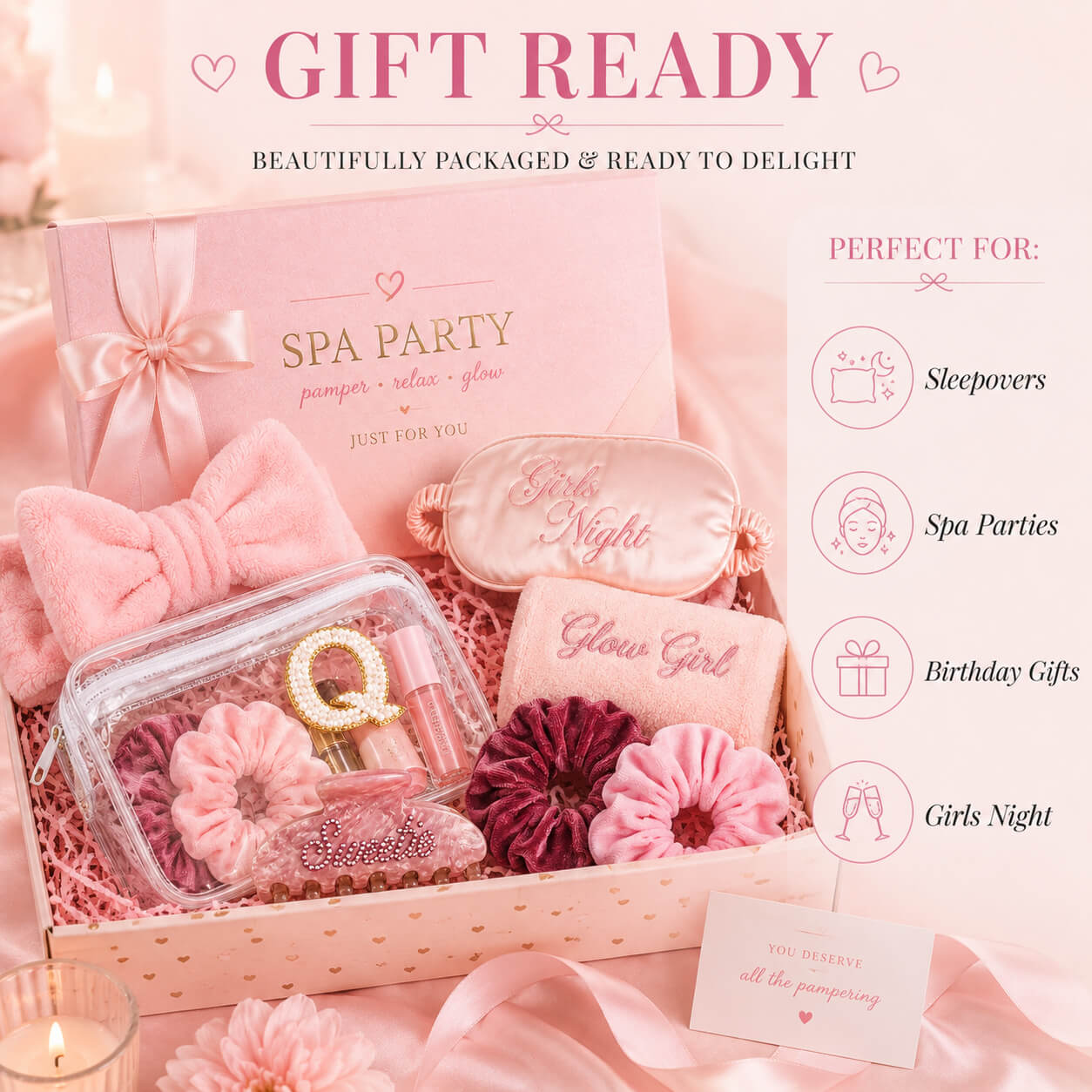 Gift ready girls spa party box with beauty accessories, personalized makeup pouch, scrunchies, sleep mask, and spa gifts for sleepovers and birthdays