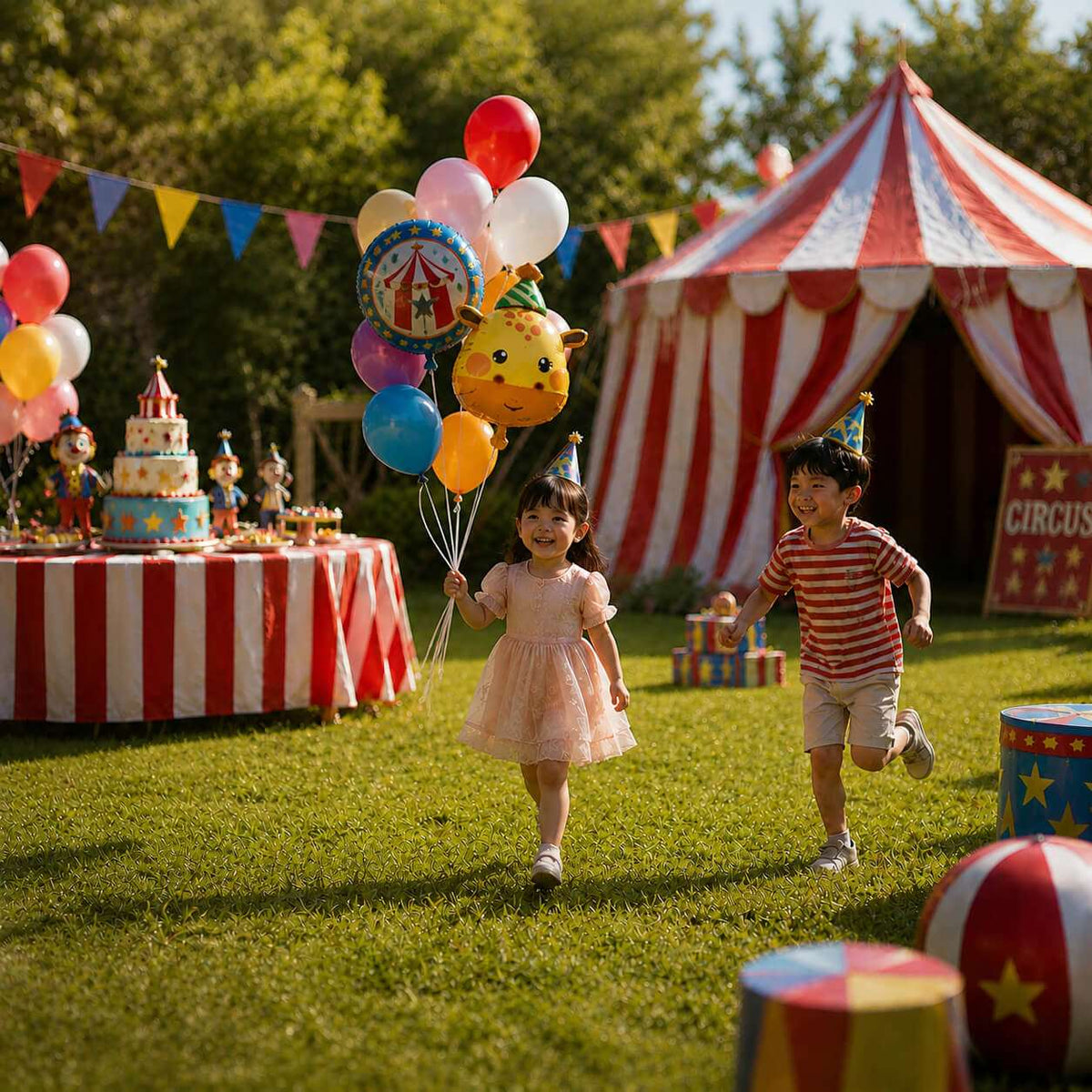 Smiling child holding a cute giraffe foil balloon with party hat at an outdoor circus themed kids birthday party with colorful balloons, bunting flags, dessert table and circus tent background