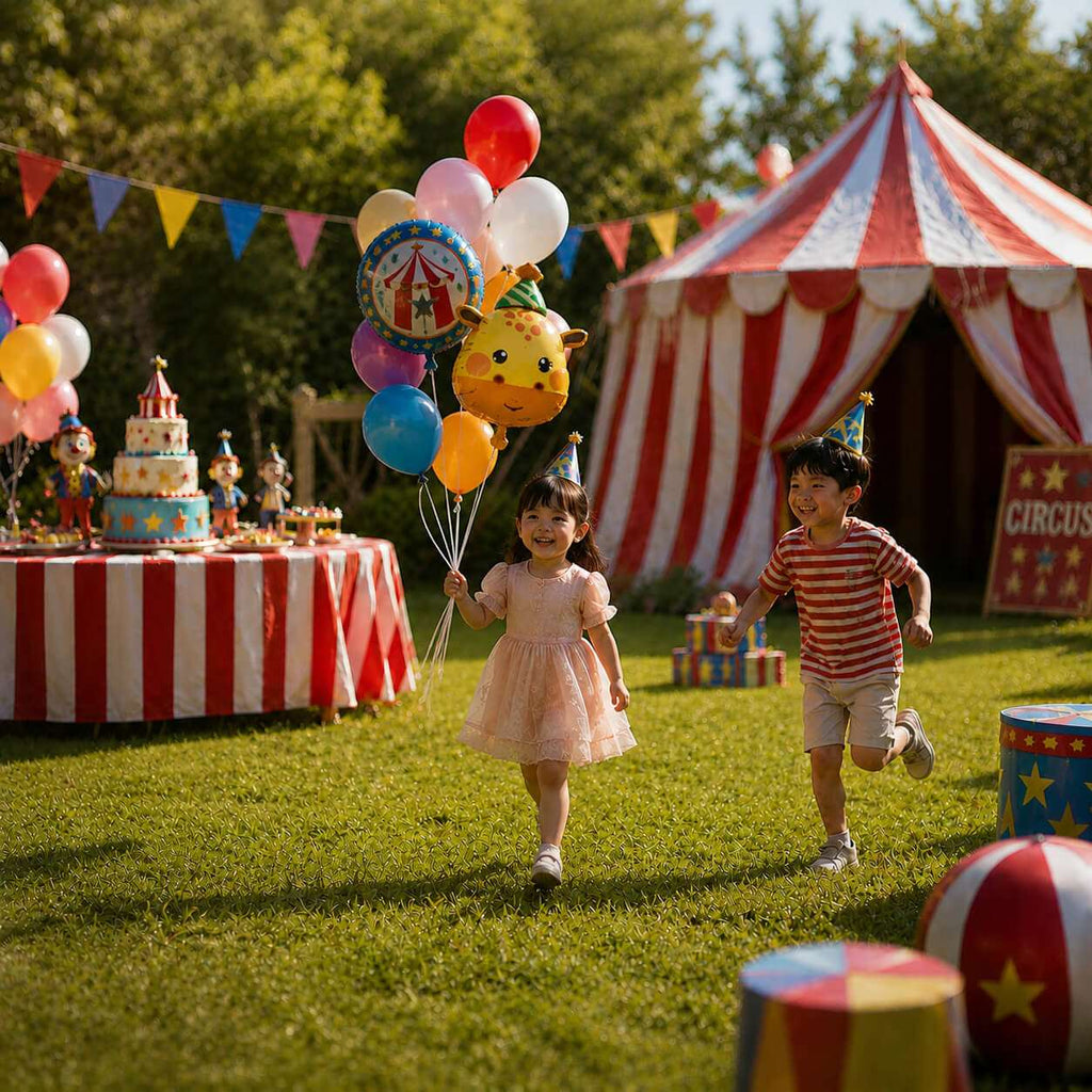 Smiling child holding a cute giraffe foil balloon with party hat at an outdoor circus themed kids birthday party with colorful balloons, bunting flags, dessert table and circus tent background