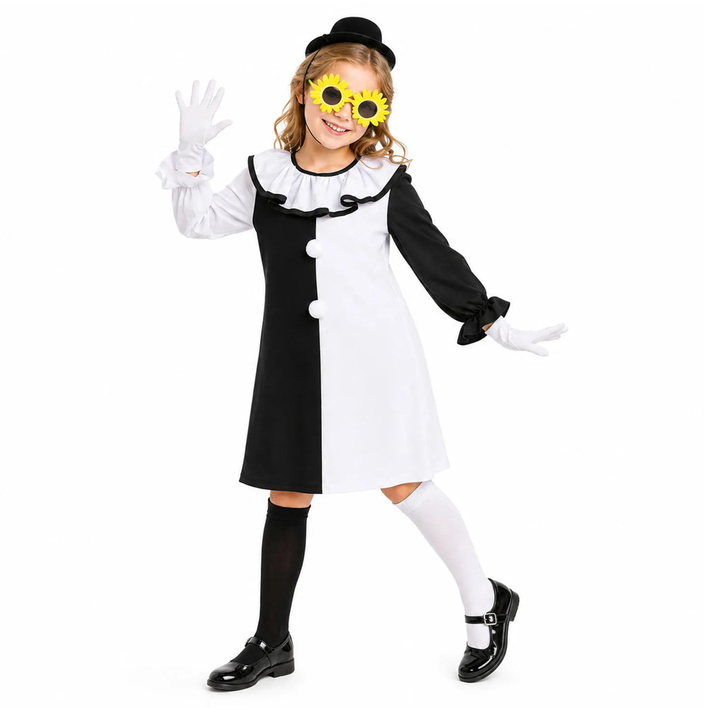 Girls black-and-white horror clown costume shown from the front, side and back.