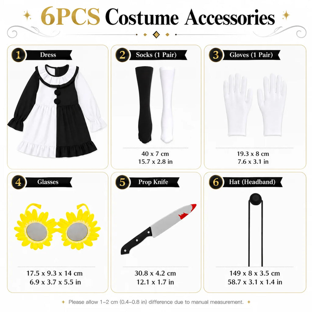 Six-piece girls clown costume with dress hat sunglasses gloves socks and prop knife