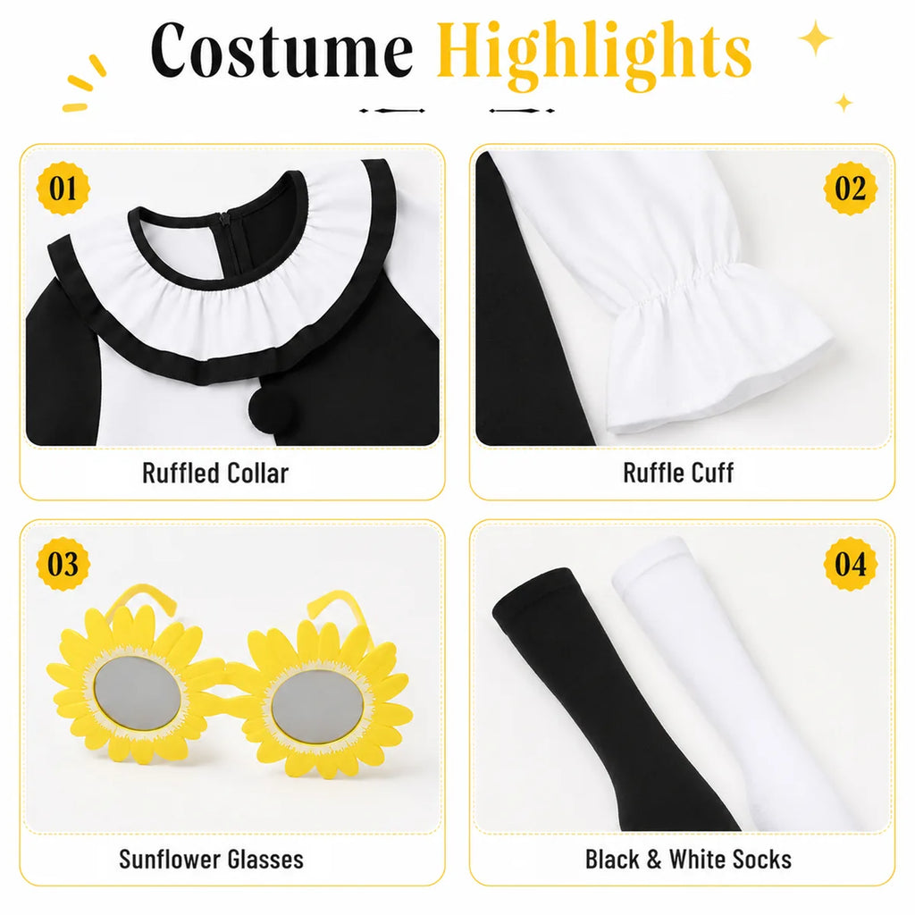 Black and white clown dress collar cuffs pom-poms and ruffle details