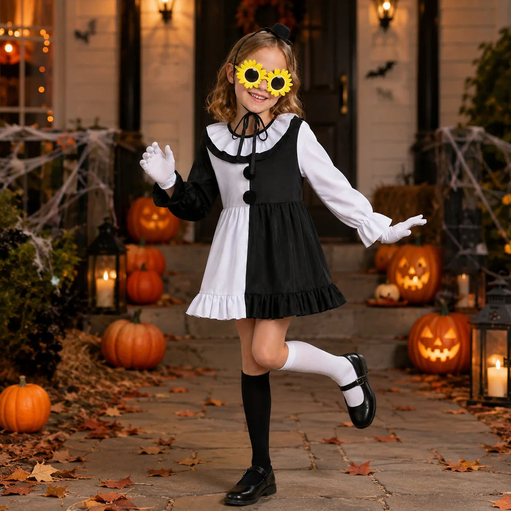 Girls black and white creepy clown costume Halloween scene
