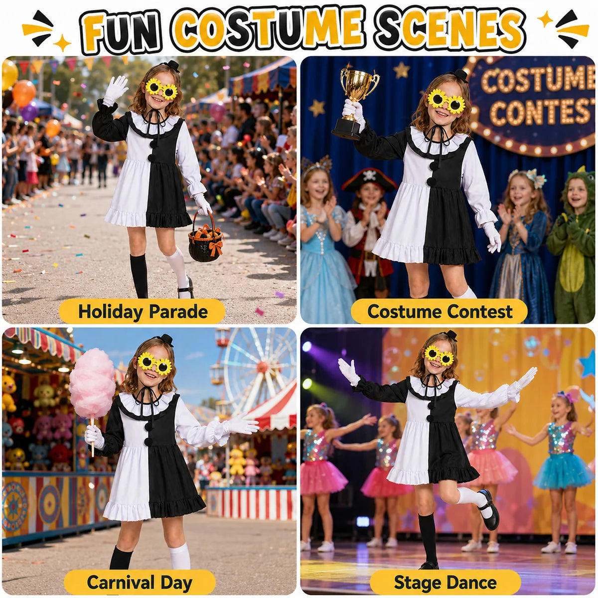 Kids black and white clown dress costume party scene
