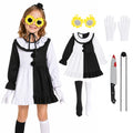 Girls black and white creepy clown dress costume with sunglasses gloves socks hat and prop knife