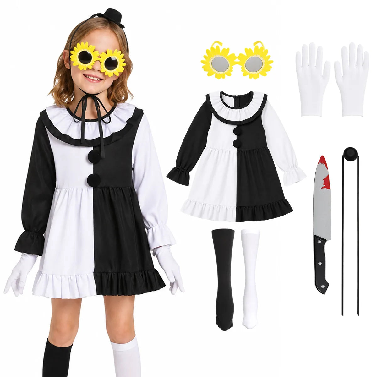 Girls black and white creepy clown dress costume with sunglasses gloves socks hat and prop knife