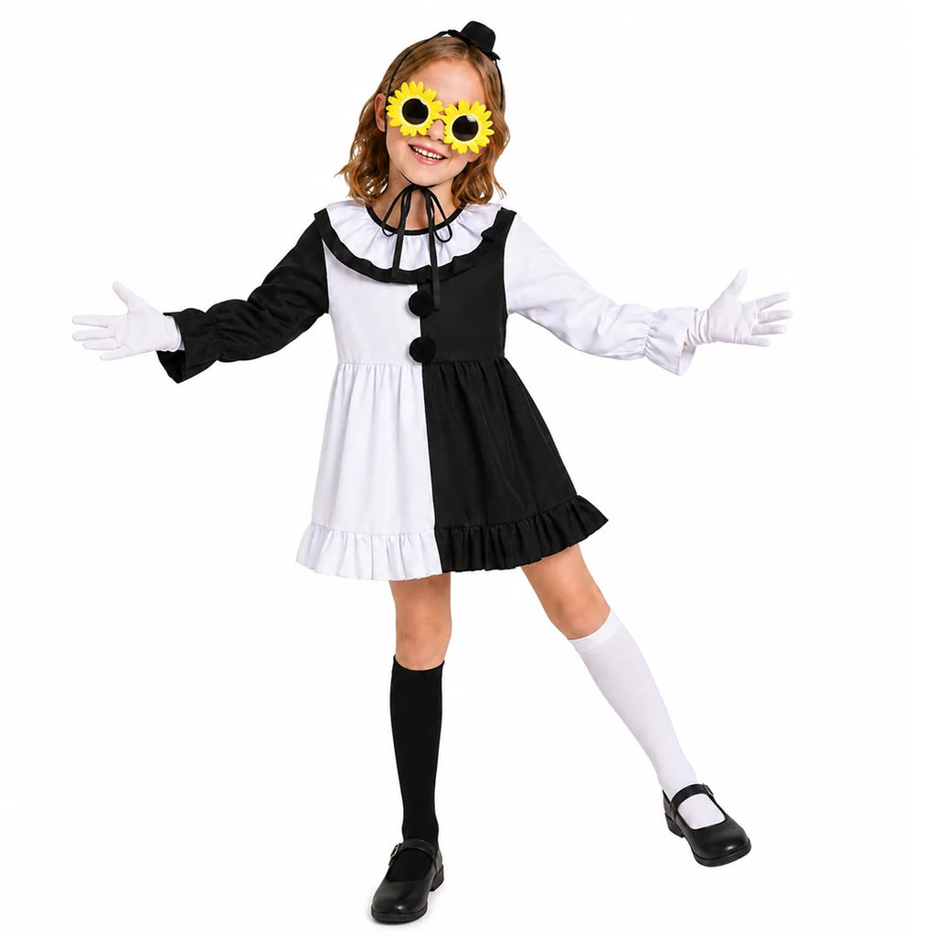 Girls black and white clown dress costume front pose