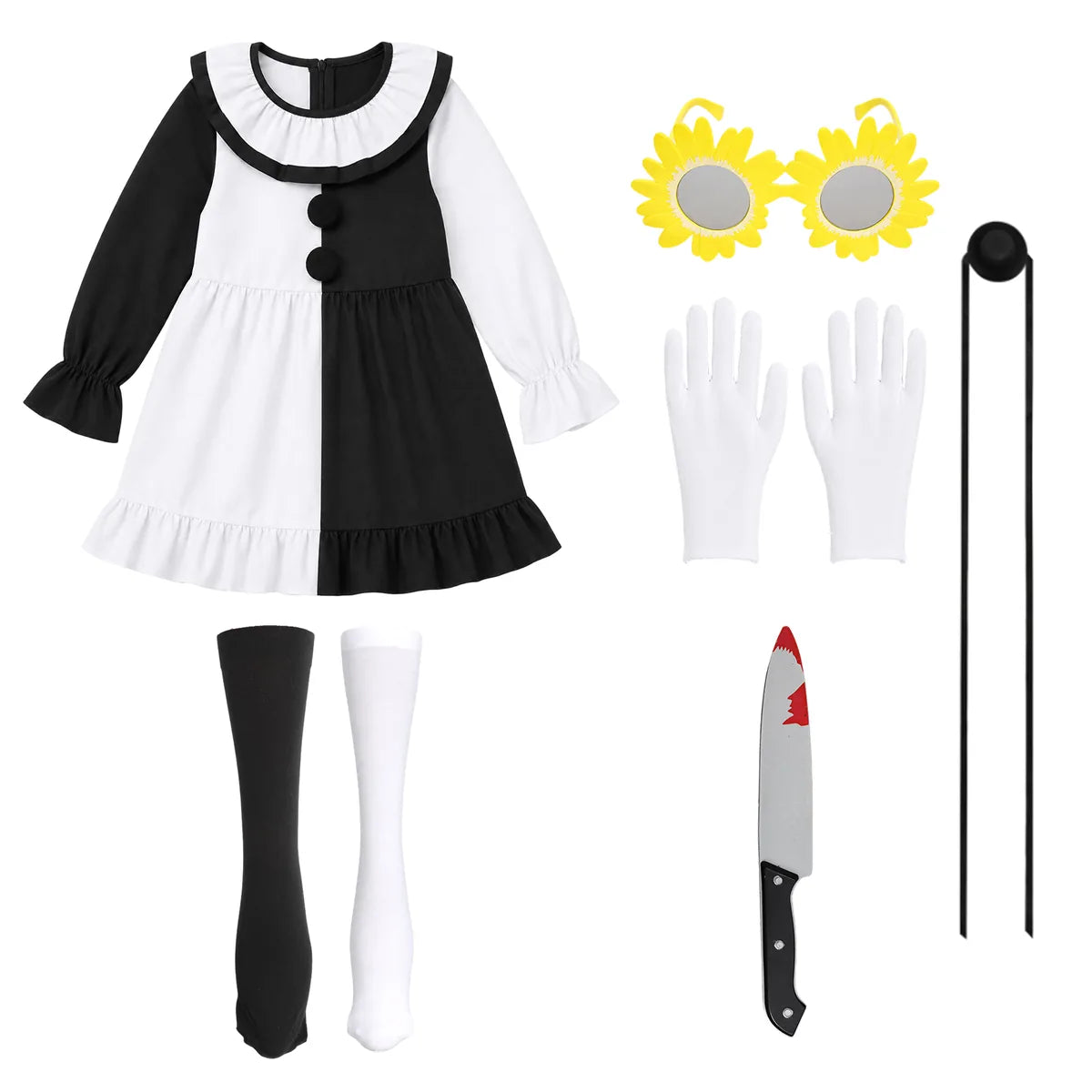 Kids black and white creepy clown costume side and movement views