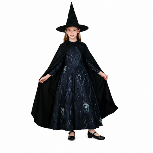 Girl wearing a black witch costume with printed dress, long cape, and pointed hat for Halloween parties and dress-up play.