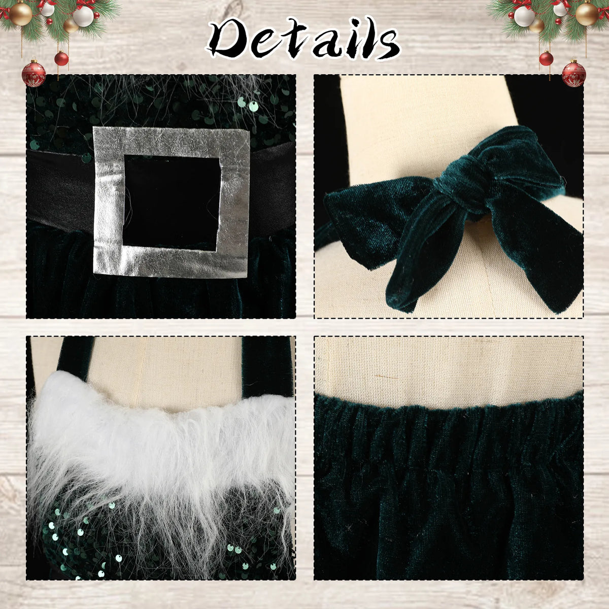 Close-up details of the green Christmas dress showing faux fur trim, velvet fabric, bow tie and silver buckle belt