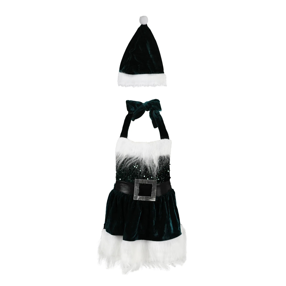 green girls Christmas Santa dress and matching Santa hat shown together on a plain white background