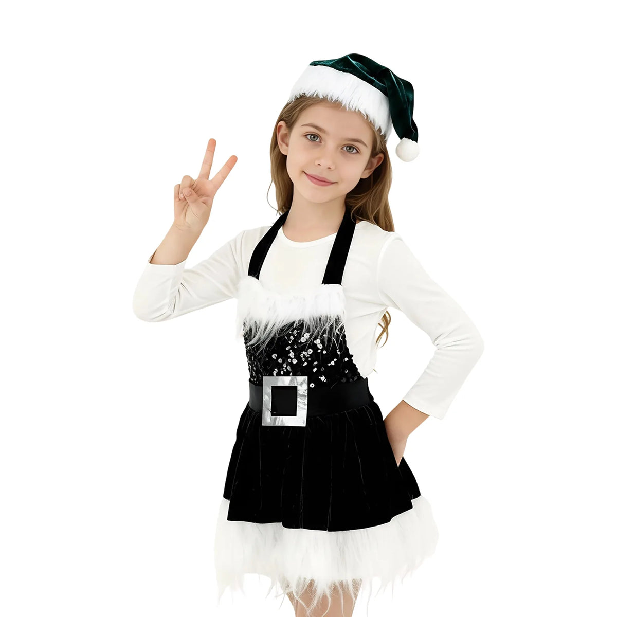 Girl wearing the green Christmas Santa dress and hat, front view showing halter neck and buckle belt